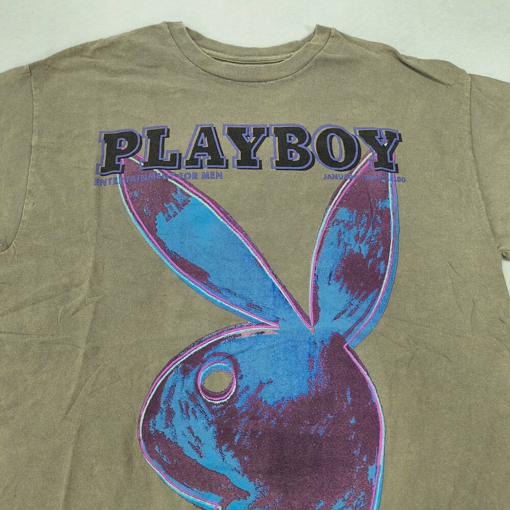 Playboy Graphic Short Sleeve Crew Neck T Shirt Mens Size Medium M Gray Blue